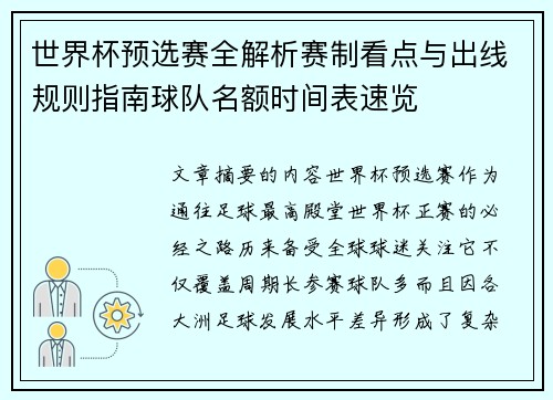 世界杯预选赛全解析赛制看点与出线规则指南球队名额时间表速览